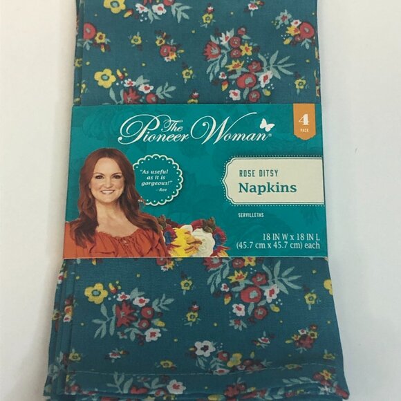 Pioneer Woman Cloth Napkins Rose Ditsy GreenFloral Fabric 4Pc Set Square 18"x18" - Picture 5 of 11
